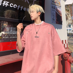 2026夏美式重磅麂皮绒情侣大码日系短袖T恤半袖 T6602/特P30 粉3图片