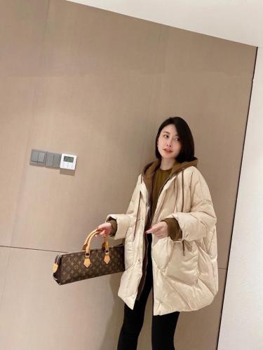 DG859欧洲站时尚拼接假两件中长新款连帽宽松口袋羽绒外套,女装,L·H·X