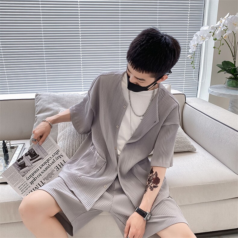 社会风秋纯色竖条纹立体无量两件套装百搭B297-7728-P120控158,男装休闲套装,电商B297