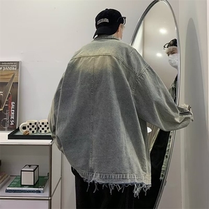 美式高街黄泥色牛仔外套男春季牌水洗做旧设计感翻领情侣夹克图片