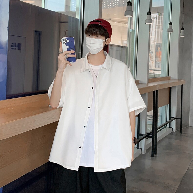 夏季纯色痞帅短袖燕尾衬衫男宽松冰丝衬衣C303P30,男装T恤,电商C323