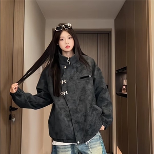 J509-P75 设计感金属飞机扣扎染皮革夹克男女2025秋季宽松美式图片