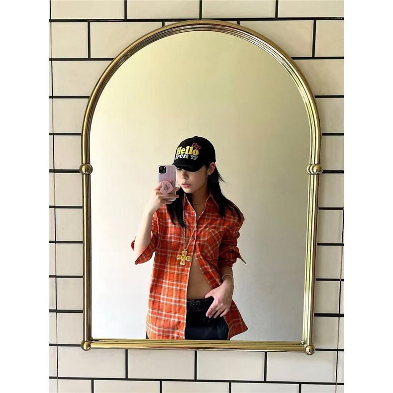 美式复古撞色宽松翻领薄款格子防晒POLO衫长袖衬衫女夏季外搭上衣,男装Polo衫,星座1210-1
