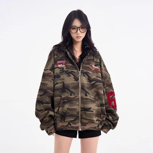 大码胖mm美式高街迷彩开衫连帽卫衣外套女秋季oversize拉链上衣图片