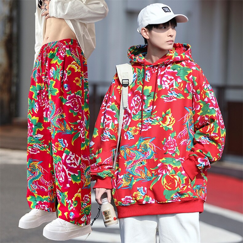 TZ205东北大花连帽卫衣裤子套装新中式汉服男女大码团队表演出潮,男装休闲套装,星座115A(原星座507）