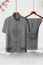 2025夏季薄款高端风棉麻绣花短袖衬衫唐装汉服套装2312-P95，男装衬衫，星座1105-3