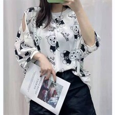 活动价露肩宽松大版雪纺衫休闲百搭印花小熊小衫上衣高品质，女装蕾丝衫/雪纺衫，美吧服饰
