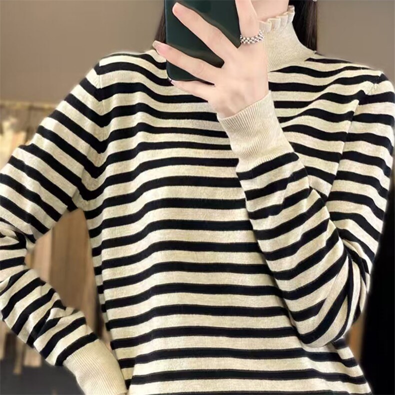 100%羊毛条纹长袖针织打底衫女蕾丝拼接半高领套头洋气减龄内搭毛,针织衫/毛衣,萱芳婷羊绒