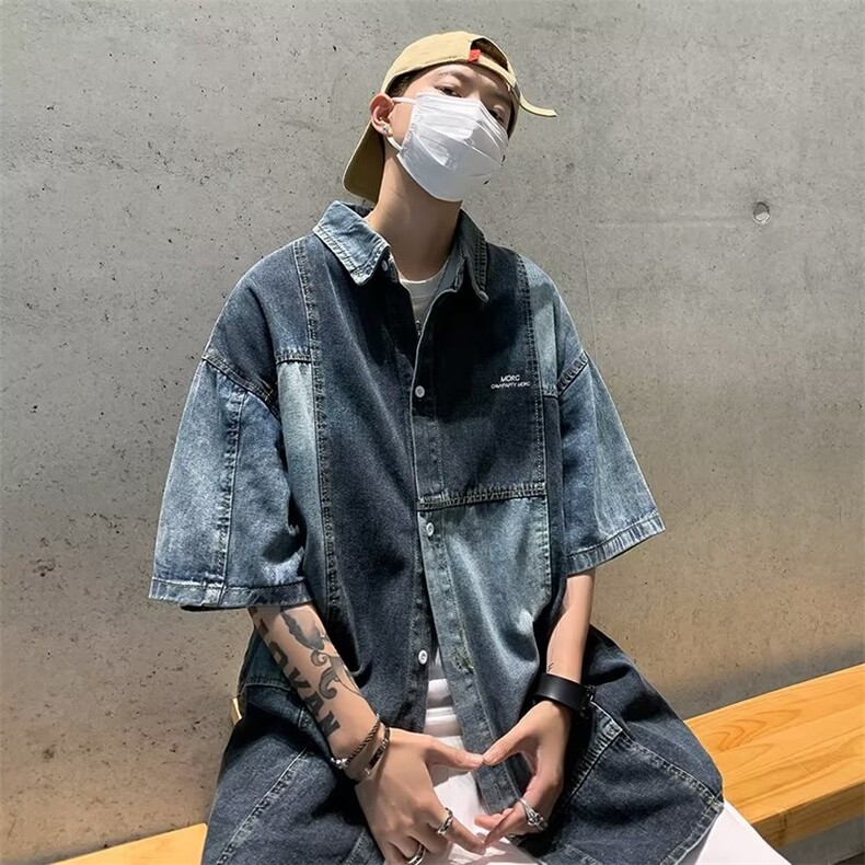 夏季潮牌炸街拼接短袖牛仔衬衫男复古休闲设计感小众痞帅衬衣外套,男装衬衫,星座601-2
