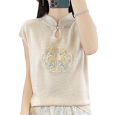 春夏刺绣盘扣立领修身无袖针织衫背心上衣薄新中式国风短袖T恤女，女装背心吊带，朝贺羊绒