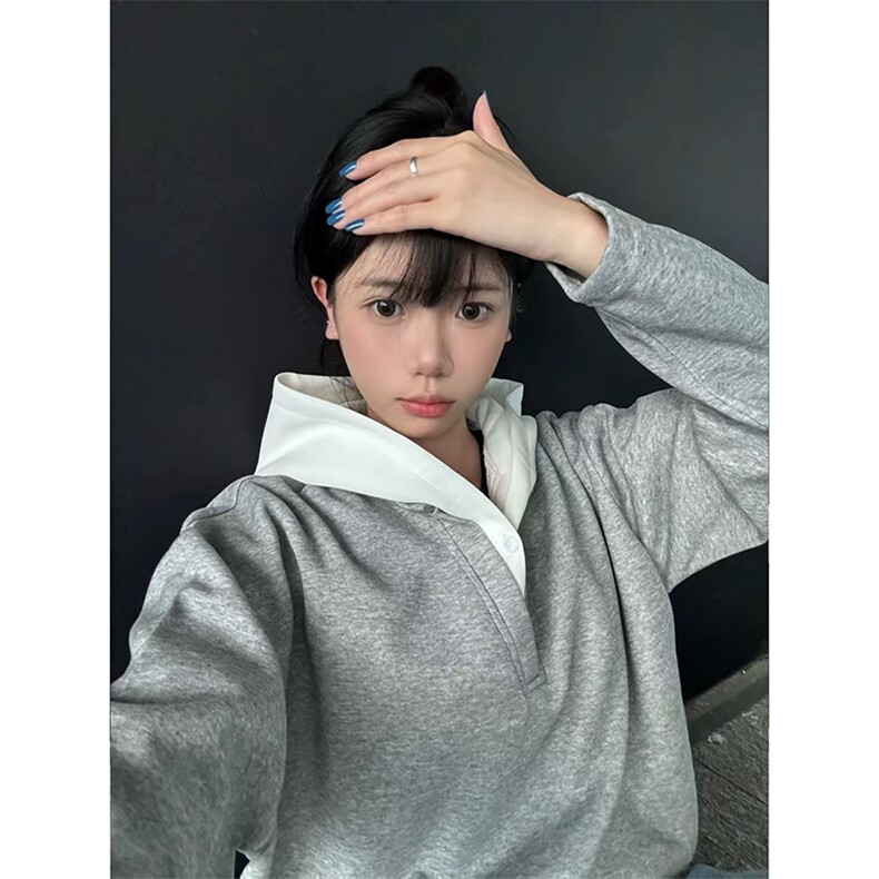 【网图】假两件连帽纽扣卫衣日系休闲宽松ins风潮牌外套HY709TP48,女装短外套,电商A102B