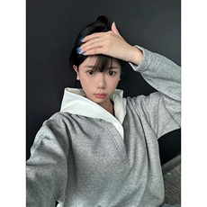 【网图】假两件连帽纽扣卫衣日系休闲宽松ins风潮牌外套HY709TP48，女装短外套，电商A102B