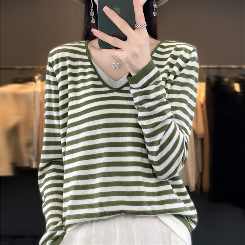 秋冬季新款条纹毛衣女宽松显瘦时尚百搭针织上衣,针织衫/毛衣,贵皇网供仓