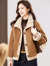 2025冬季时尚简约大方气质优雅显瘦休闲百搭潮流皮毛一体外套，女装羊羔毛/颗粒绒，独衣靓
