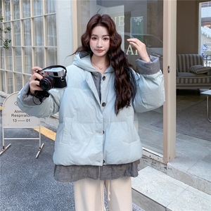 假两件蓝色连帽羽绒服女冬超火好看高级小众漂亮加厚面包服短外套图片