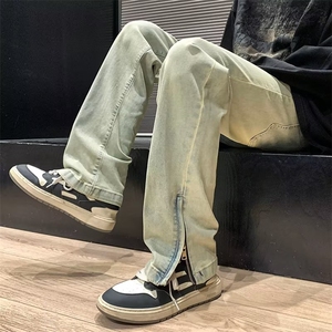 黄泥色牛仔裤男美式高街vibe设计感拉链开叉直筒休闲裤N8886-P45图片