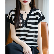 条纹冰丝V领针织短袖女2025新款夏季超好看小飞袖薄款针织衫上衣，女装针织衫/毛衣，源达羊绒