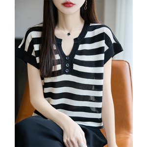 条纹冰丝V领针织短袖女2025新款夏季超好看小飞袖薄款针织衫上衣图片