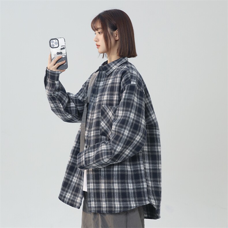复古撞色磨毛格子长袖衬衫男春秋潮牌宽松休闲衬衣外套CS850-P25,男装衬衫,星座1403A