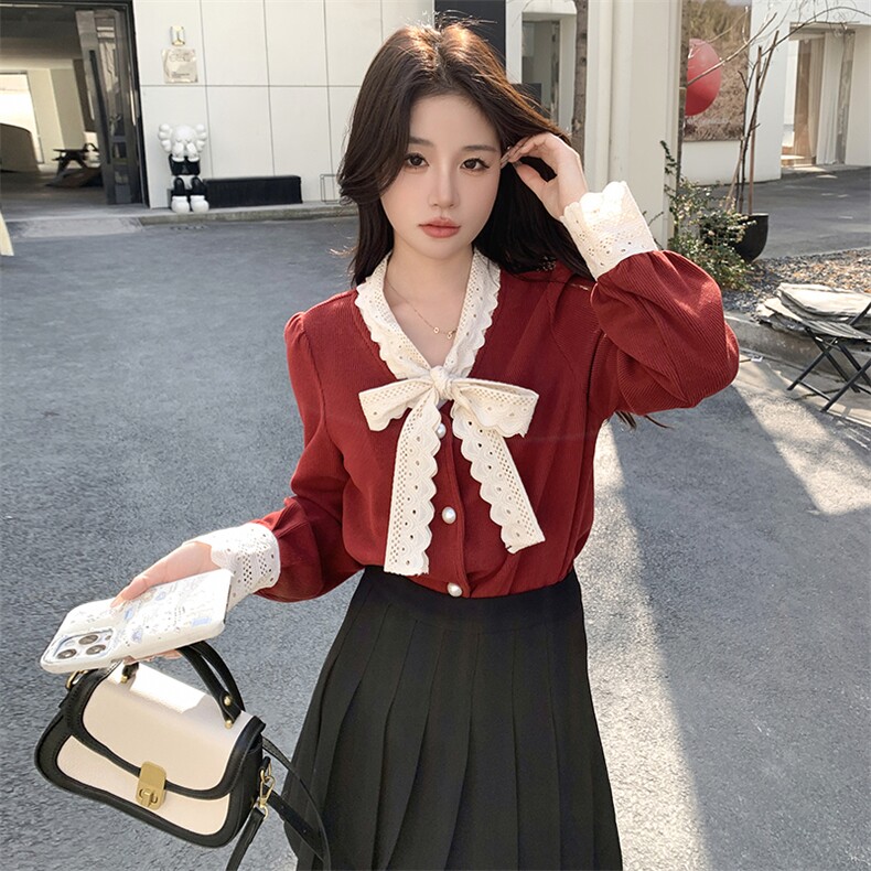 时尚甜美花边蝴蝶结长袖针织衫显瘦百搭女装毛衣上衣，女装针织衫/毛衣，鑫慧