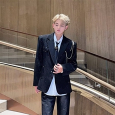 黑色满天星西服男高级感宽松痞帅发型师垫肩西装外套男时尚潮春秋，男装西服套装，星座506A