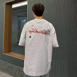 万针全刺绣工艺抖音得物高品质260克重磅纯棉双纱美式高街短袖T恤图片