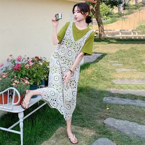 经典简约夏季三醋酸连衣裙女气质透气显瘦短袖中长款宽松裙图片