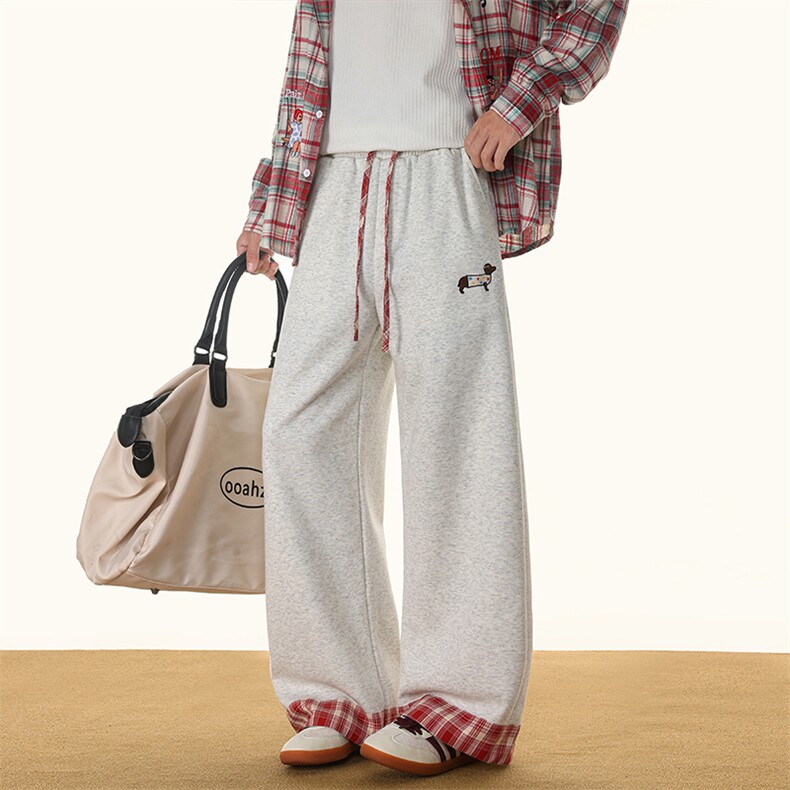 8XL-M美式复古格纹拼接卷边运动卫裤男直筒阔腿休闲裤子K9170P58，男装休闲裤，电商D206-1