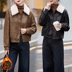 现货海宁f仿真皮皮衣女加绒加厚短款2024冬季新款女士宽松皮外套，女装皮衣，潮流依族