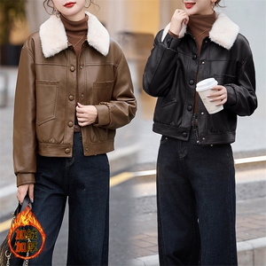 现货海宁f仿真皮皮衣女加绒加厚短款2024冬季新款女士宽松皮外套图片