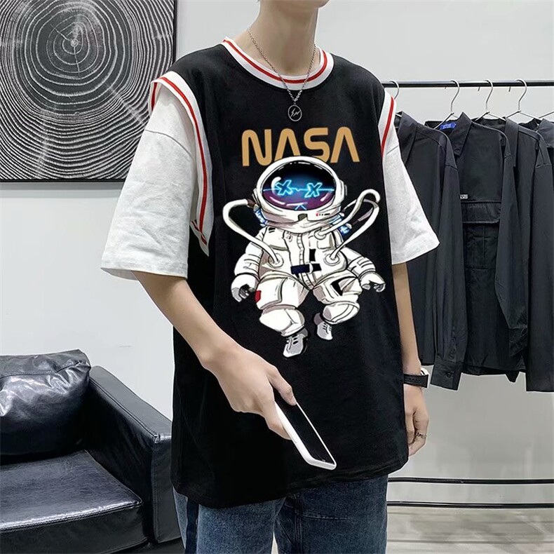 复古宇航员t恤男夏宽松假两件袖潮牌百搭港风ins上衣T684-P28,男装T恤,星座512-2
