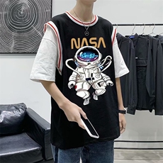 复古宇航员t恤男夏宽松假两件袖潮牌百搭港风ins上衣T684-P28，男装T恤，星座512-2
