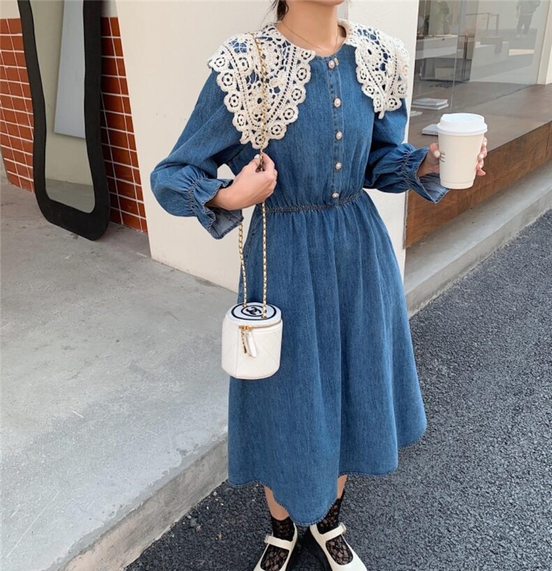 蕾丝花边领子连衣长裙，其它，肆尔