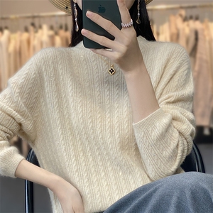 羊范羊毛衫女秋冬新款宽松半高领烫钻扭花针织衫显瘦打底衫图片