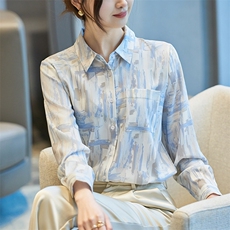 2025年夏季常规修身型百搭POLO领长袖缎面衬衫时尚百搭，女装衬衫，帝知娇羊绒