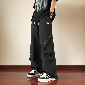 纯色折叠工艺工装裤绣花金属装饰黑色杏色M-2XL KH203图片
