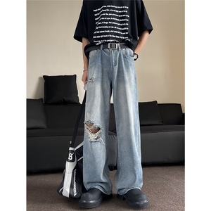 美式高街水洗复古直筒破洞牛仔裤ins潮流夏季新款休闲裤子男女潮图片