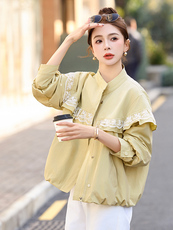 独特超好看蕾丝拼接立领外套女2025春秋新款宽松减龄短款夹克上衣，女装短外套，悦祺