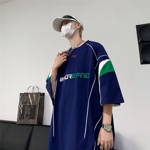美式复古运动球服线条拼接短袖T恤男夏百搭休闲宽松球衣 T03图片