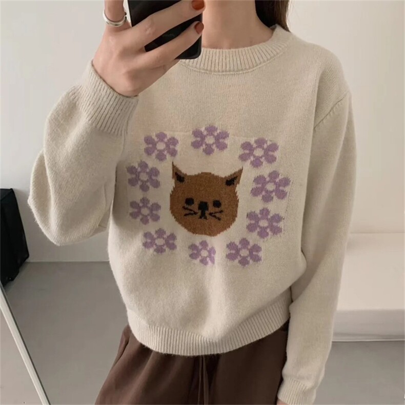 2025年秋季新款百搭女士小猫提花圆领长袖套头羊毛衫,女装羊毛衫,新胜羊绒