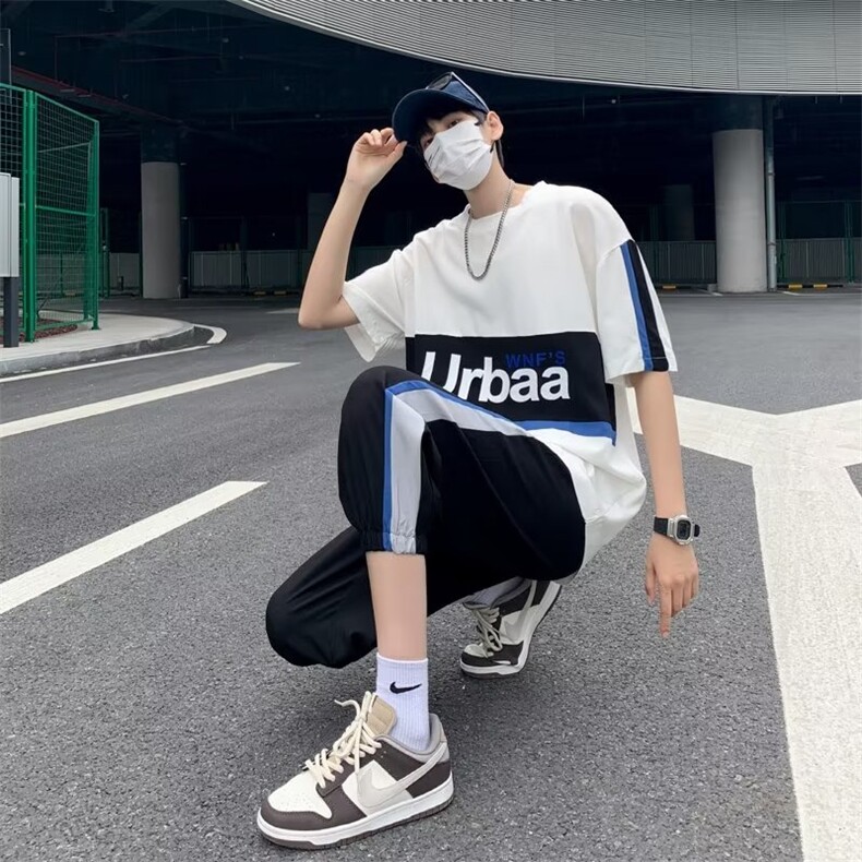 ins流行简约新款文艺原宿五分裤五分袖T恤慵懒男夏季休闲套装潮流图片