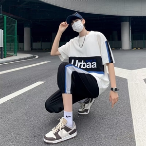 ins流行简约新款文艺原宿五分裤五分袖T恤慵懒男夏季休闲套装潮流图片
