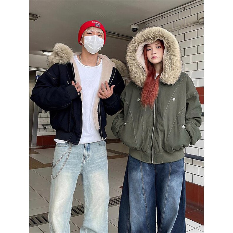 现货重磅boxy短款棉衣座山雕大毛毛领男女棉服水洗工装厚外套,男装棉衣,电商A486