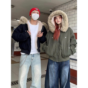 现货重磅boxy短款棉衣座山雕大毛毛领男女棉服水洗工装厚外套