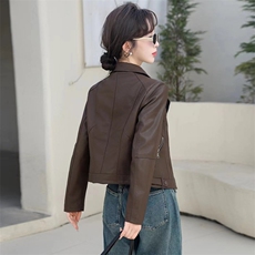 时髦小皮衣外套女2024春秋新款小个子修身显瘦复古PU皮夹克机车服，女装皮衣，江南女神