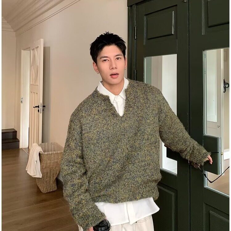 冬季复古百搭慵懒宽松大版型圣诞苔藓绿V领落肩毛衣男,男装针织衫/毛衣,星座410-7