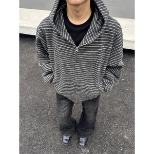 条纹连帽卫衣男款秋季高级感慵懒风开衫cleanfit情侣外套 W301图片