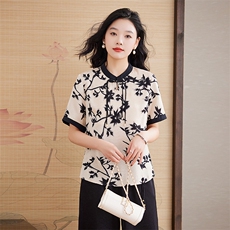 时尚优雅别致设计感新中式清新透气小衫百搭2025，女装蕾丝衫/雪纺衫，媚琳依坊