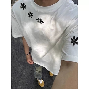 网图有货 美式高街花朵印花短袖T恤男女情侣纯棉宽松上衣A550-P25图片