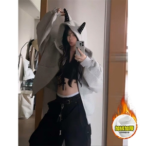 480G重磅加绒硬挺boxy男女美式高街卫衣铆钉杜宾犬耳朵开衫厚外套图片